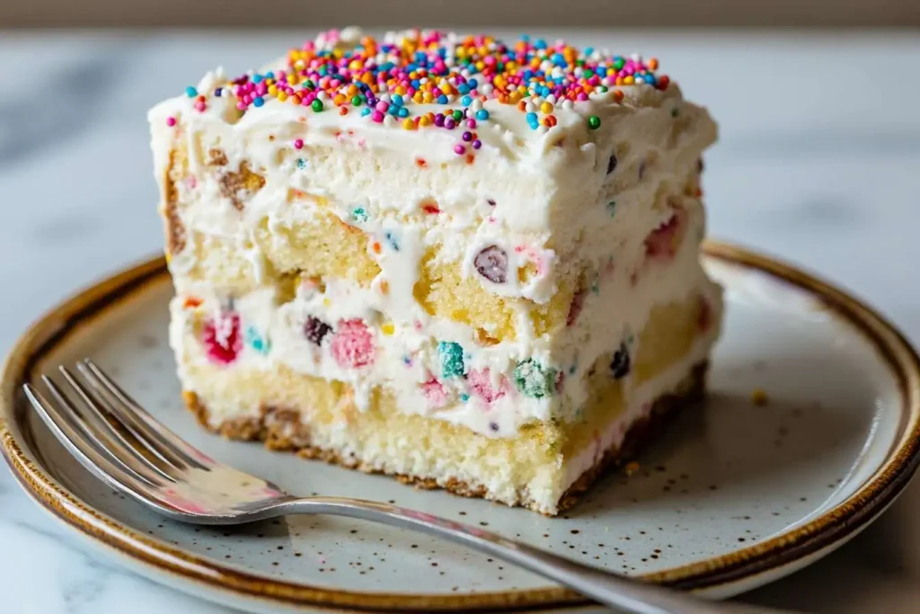 A slice of birthday cake ice cream cake with colorful layers and sprinkles.