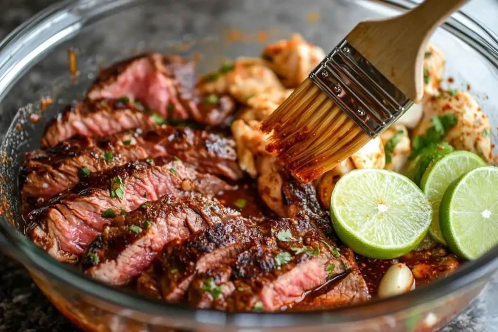 Fajita marinade in a bowl with lime, garlic, and chili powder, ready to be applied to steak and chicken.