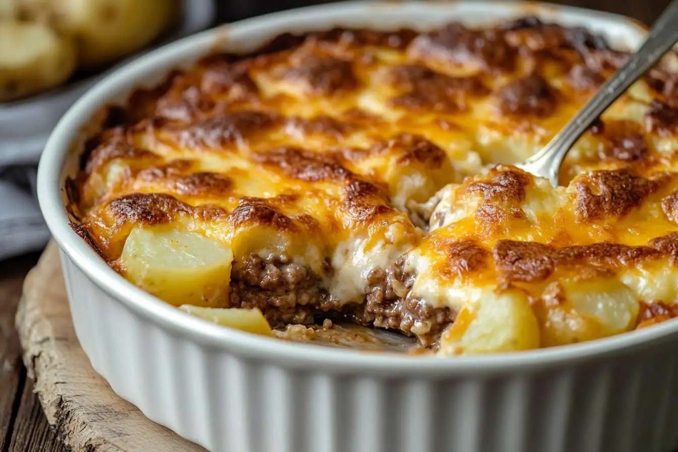 Freshly baked hamburger and potato casserole with melted cheese.