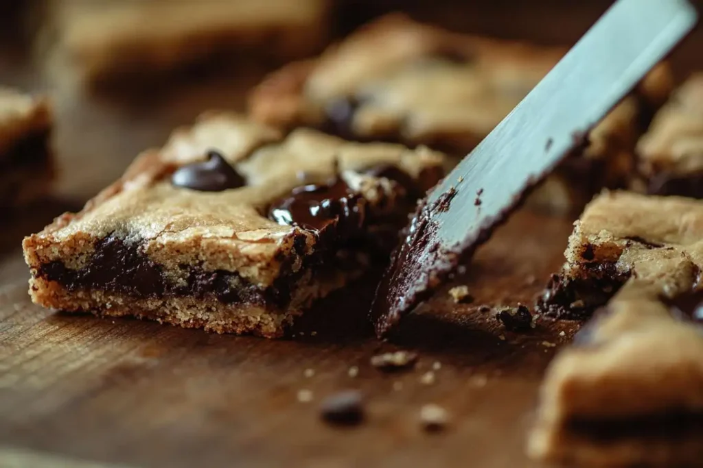 Slicing warm chocolate chip cookie bars with melted chocolate inside.