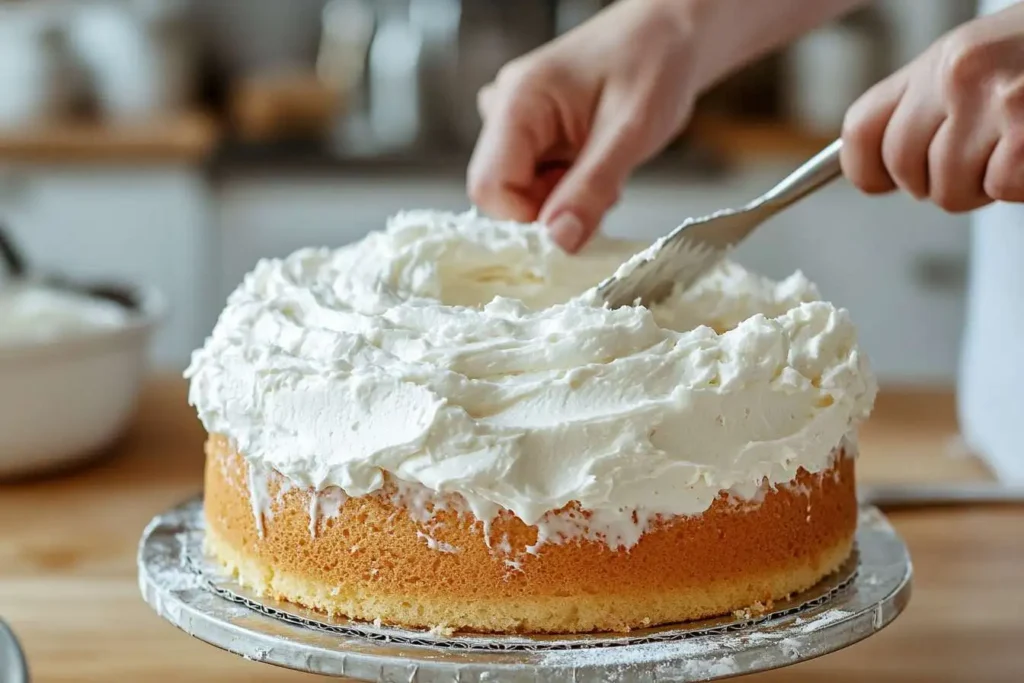 Baker applying whipped cream frosting on an angel cake with an offset spatula.