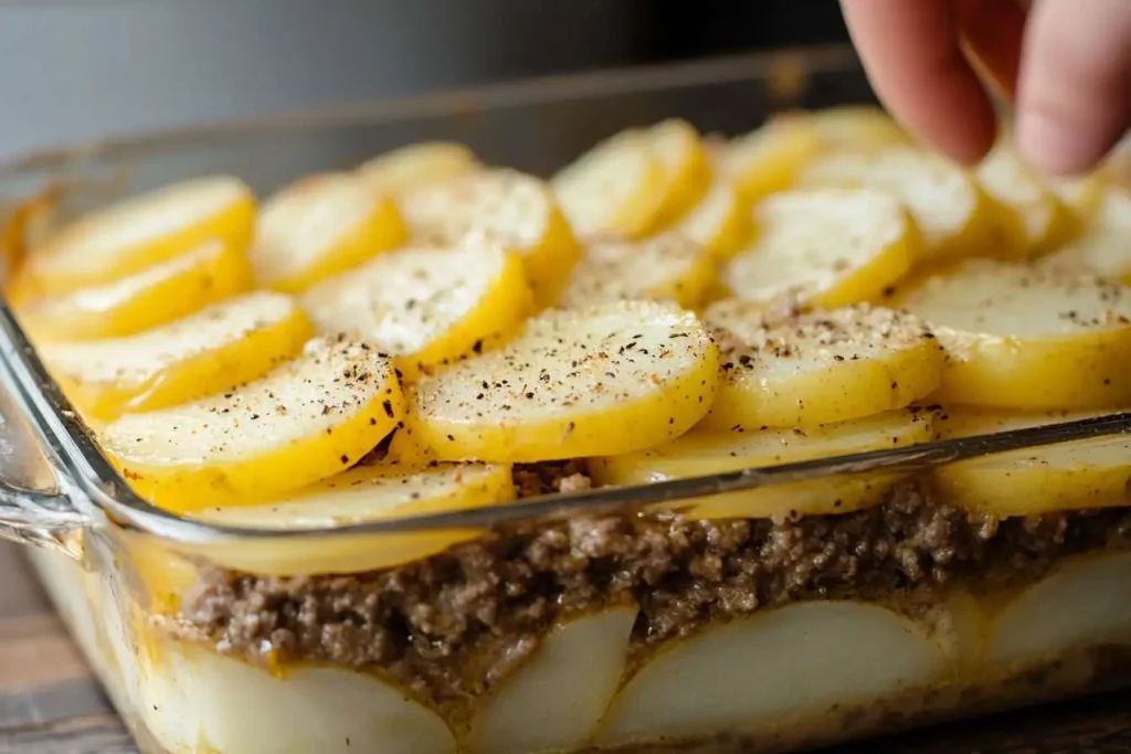  Layering ground beef, potatoes, and sauce in a baking dish.