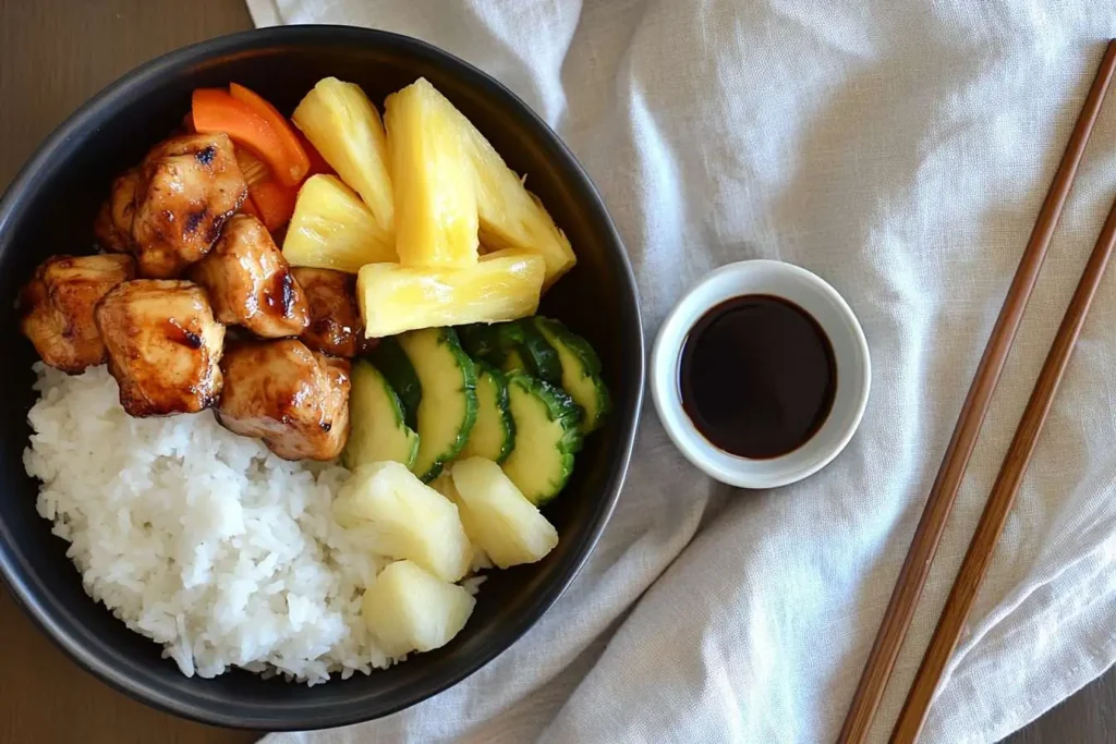 A bowl of glazed chicken and pineapple served with rice, garnished with fresh herbs and sesame seeds, ready to eat.