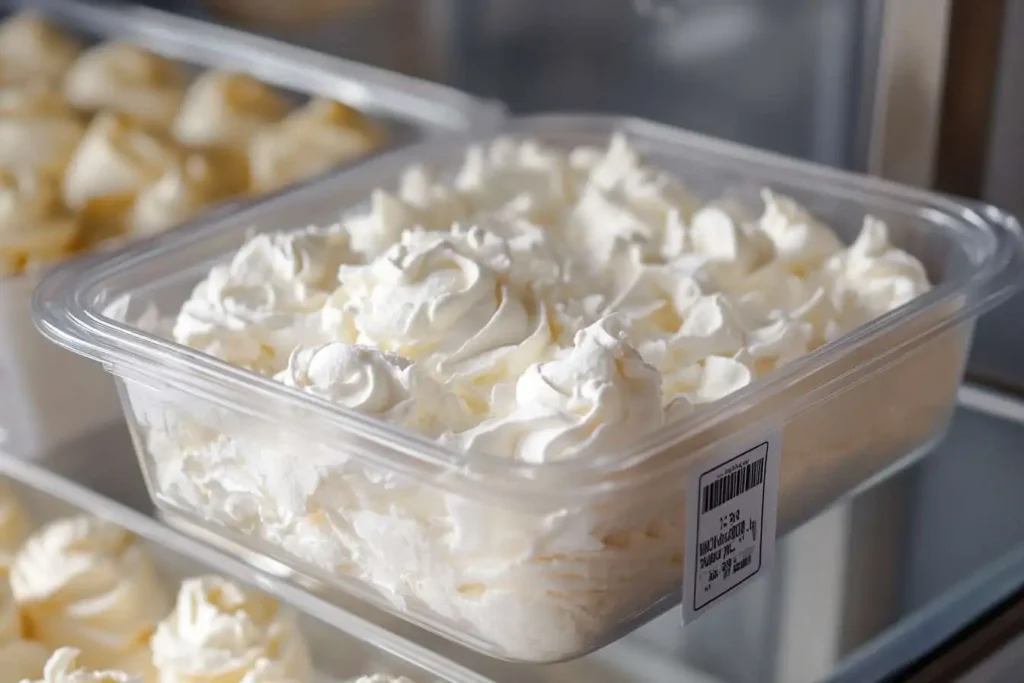 Whipped cream frosting stored in an airtight container inside a fridge.