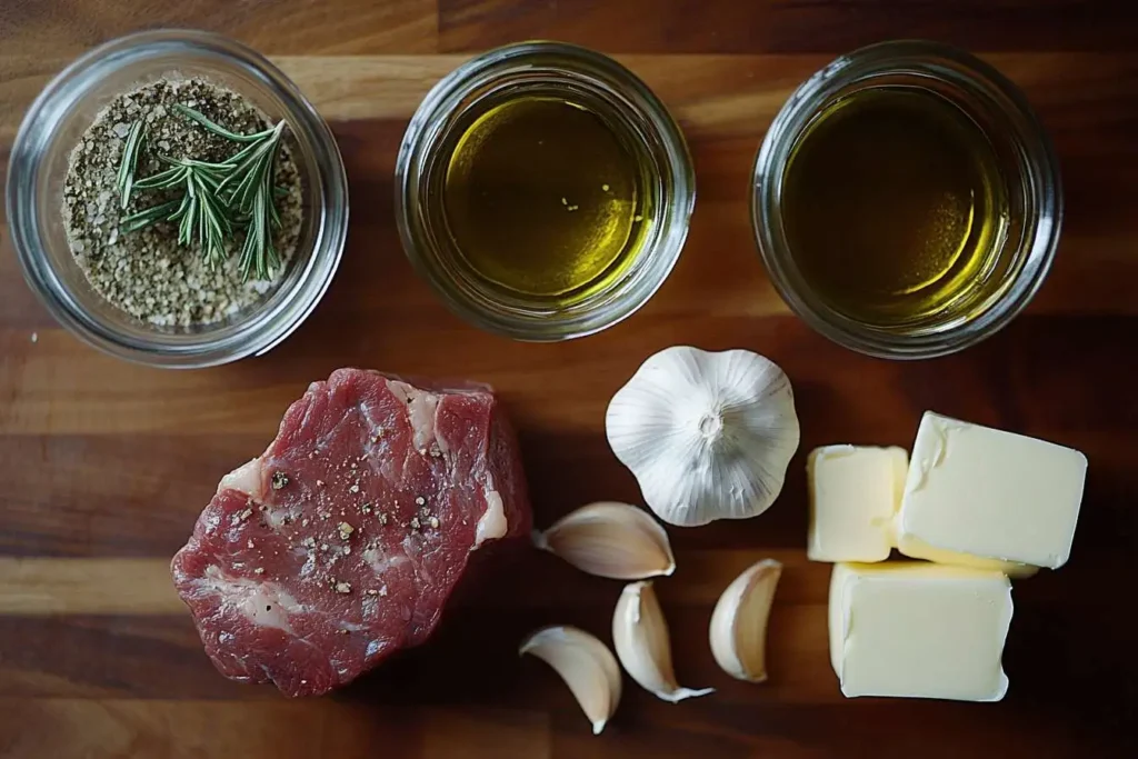 Fresh beef tip tenderloin with garlic, rosemary, butter, and seasoning on a wooden counter.