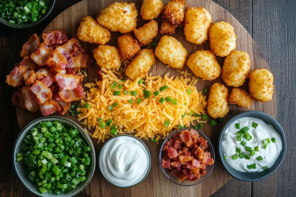 Ingredients for making loaded tater tots, including cheese, bacon, and sour cream