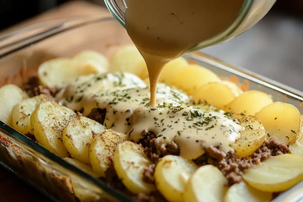 Layering ground beef, potatoes, and sauce in a casserole dish before baking.