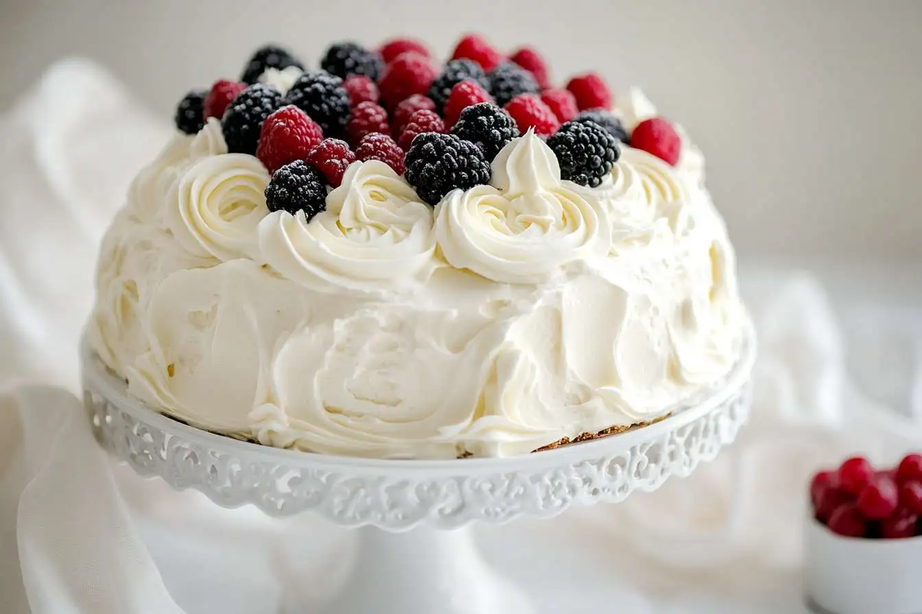 Angel food cake with whipped cream frosting and fresh berries.