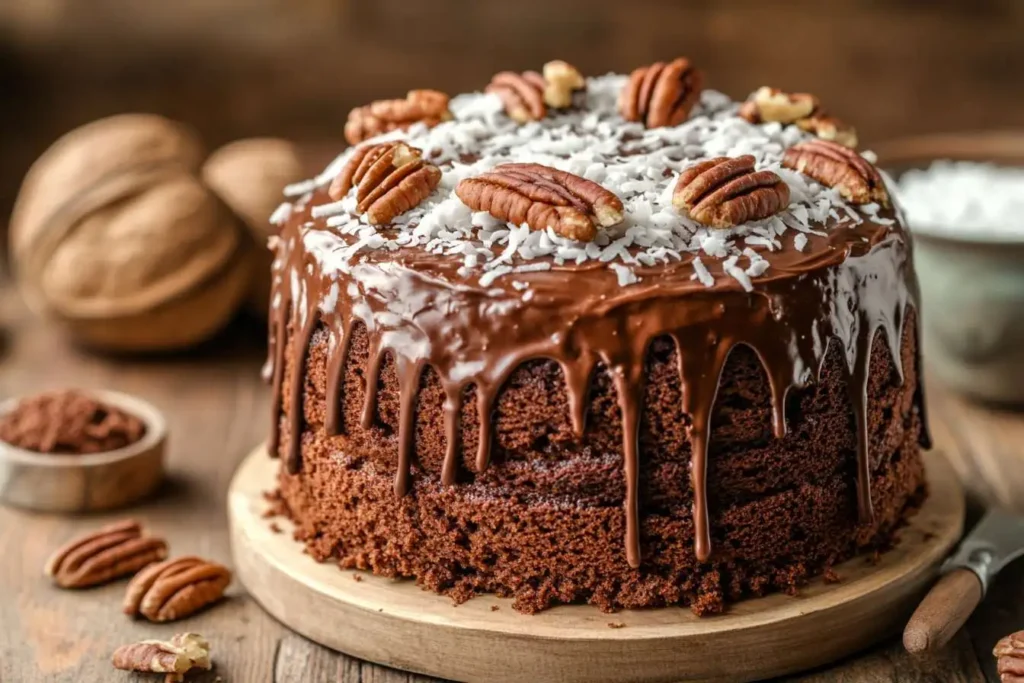 A homemade version of Publix German Chocolate Cake with rich chocolate layers and creamy coconut-pecan frosting.