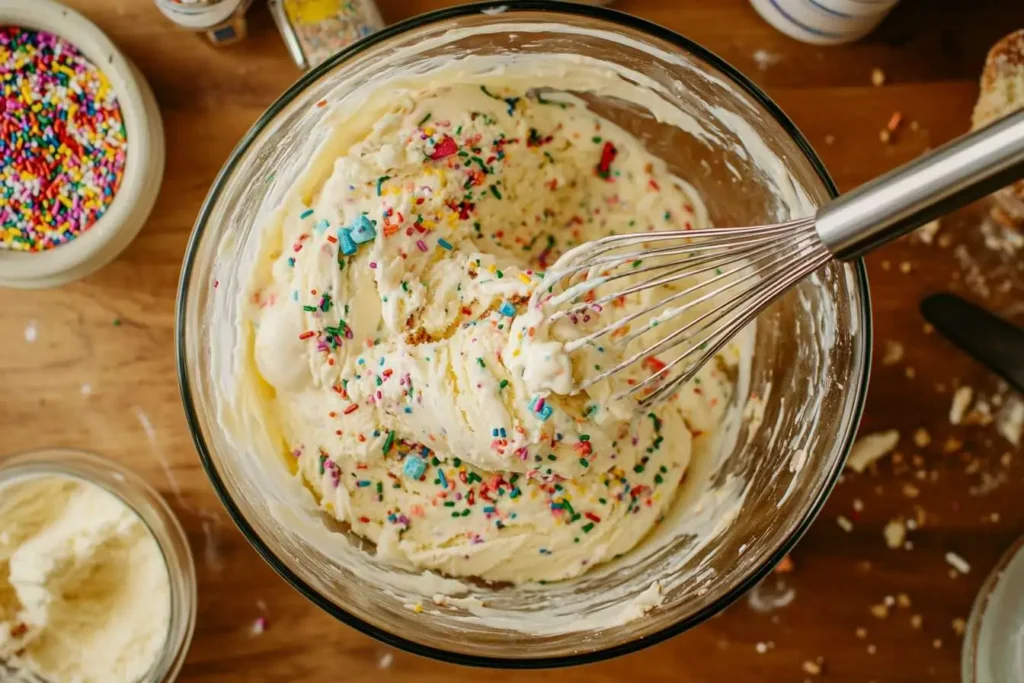 Mixing birthday cake ice cream base with sprinkles and cake chunks in a bowl.