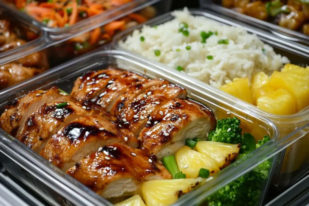 Glass meal prep containers filled with portions of glazed chicken, rice, and steamed vegetables, neatly stored in the fridge.