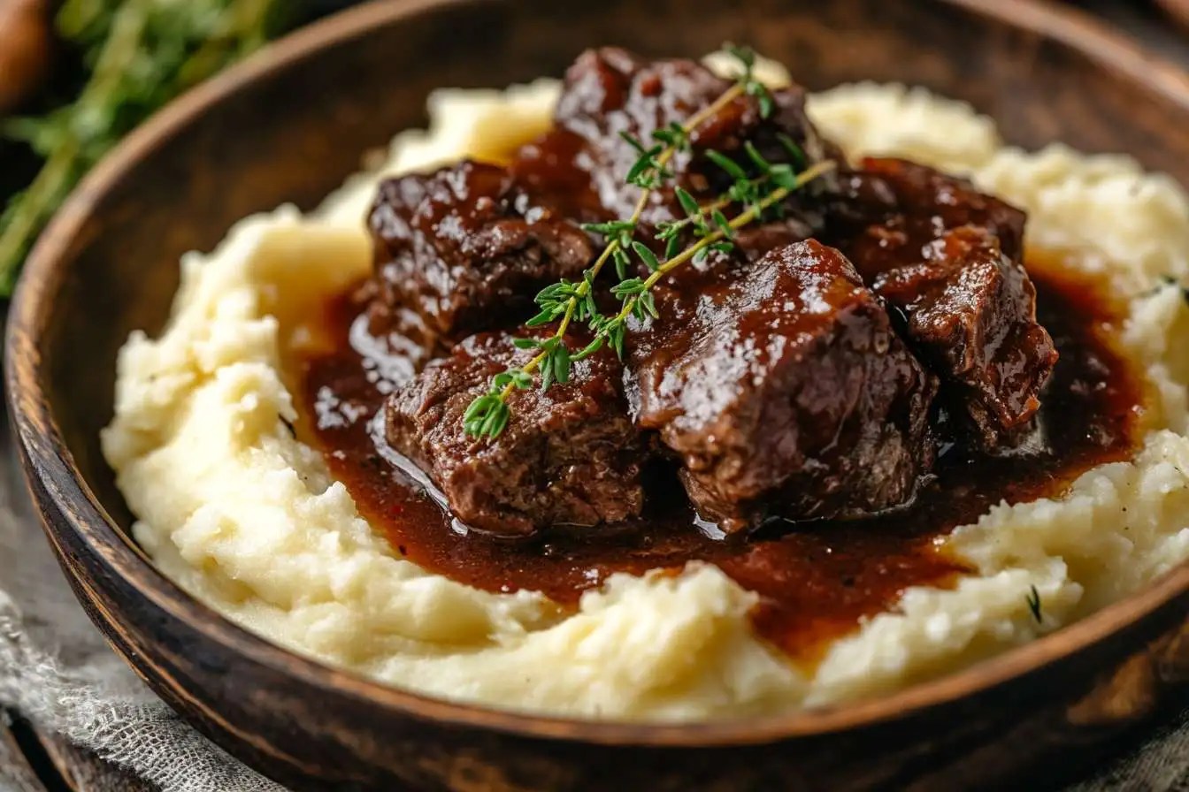 Slow-cooked beef cheeks with red wine sauce and mashed potatoes.