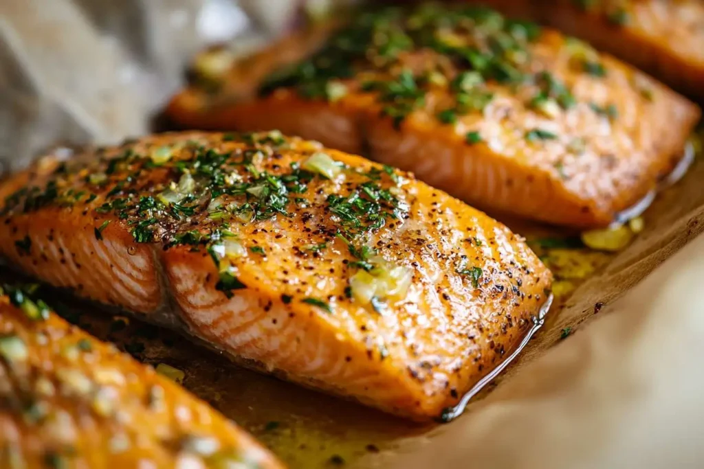 Steelhead trout fillet baking in the oven with lemon-garlic marinade and fresh herbs.