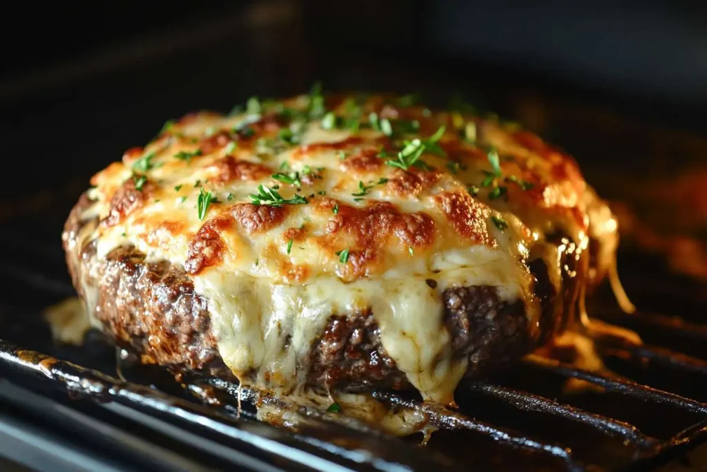 Golden and bubbly hamburger and potato casserole fresh out of the oven.