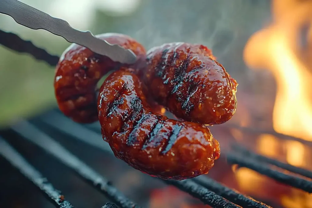 "Juicy beef sausage sizzling on a grill over open flames with smoke rising for a smoky flavor.