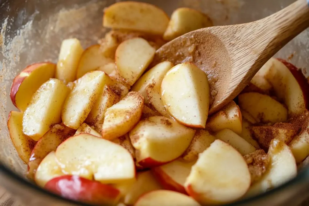 Apple slices mixed with cinnamon and brown sugar for the cobbler filling.