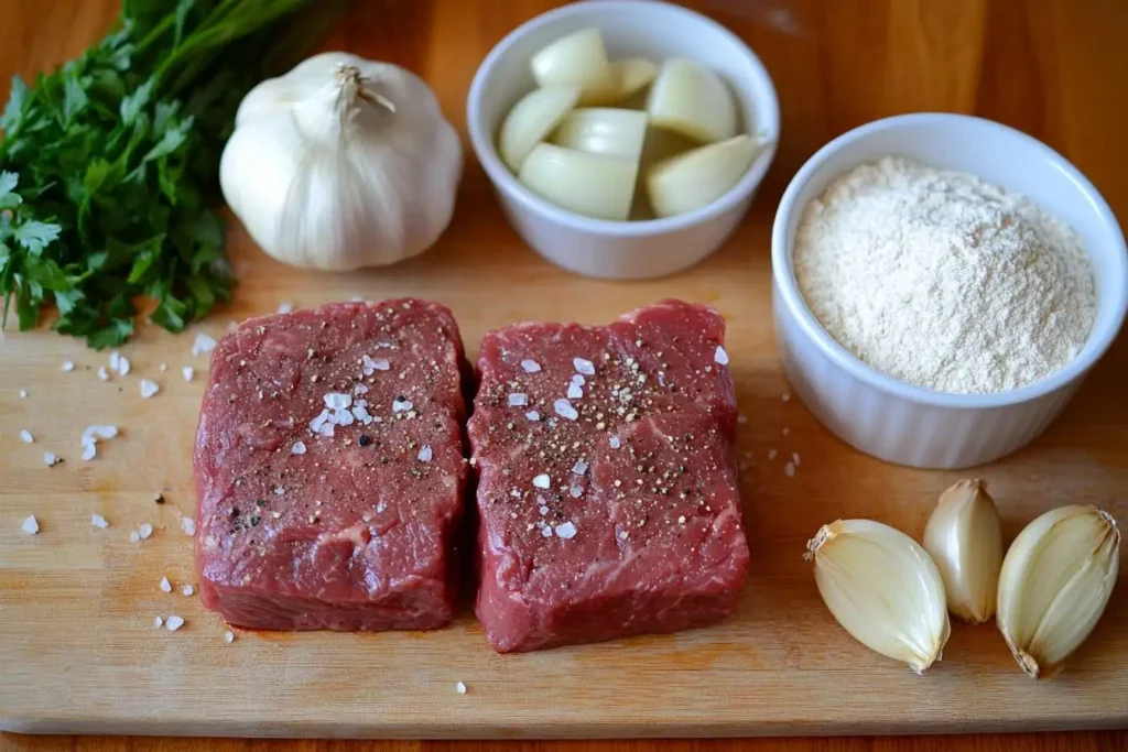 Raw seasoned cube steak on a cutting board with onions, garlic, and flour.