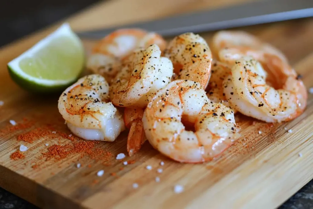 Raw shrimp seasoned with salt, pepper, and paprika on a wooden cutting board.