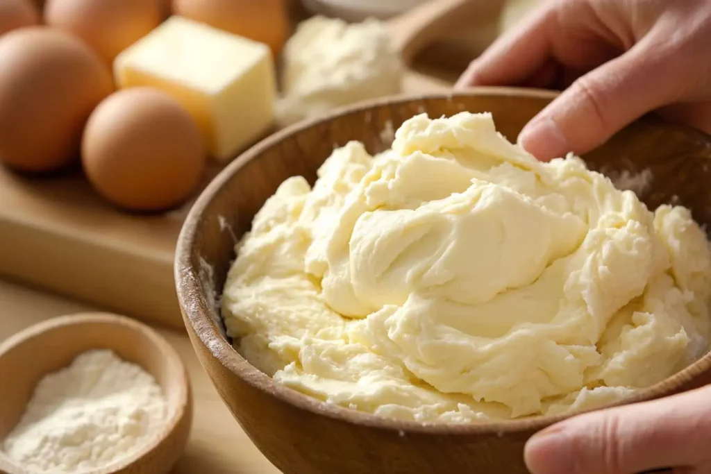 Baker kneading dough for Belgian sugar waffles with ingredients in the background.