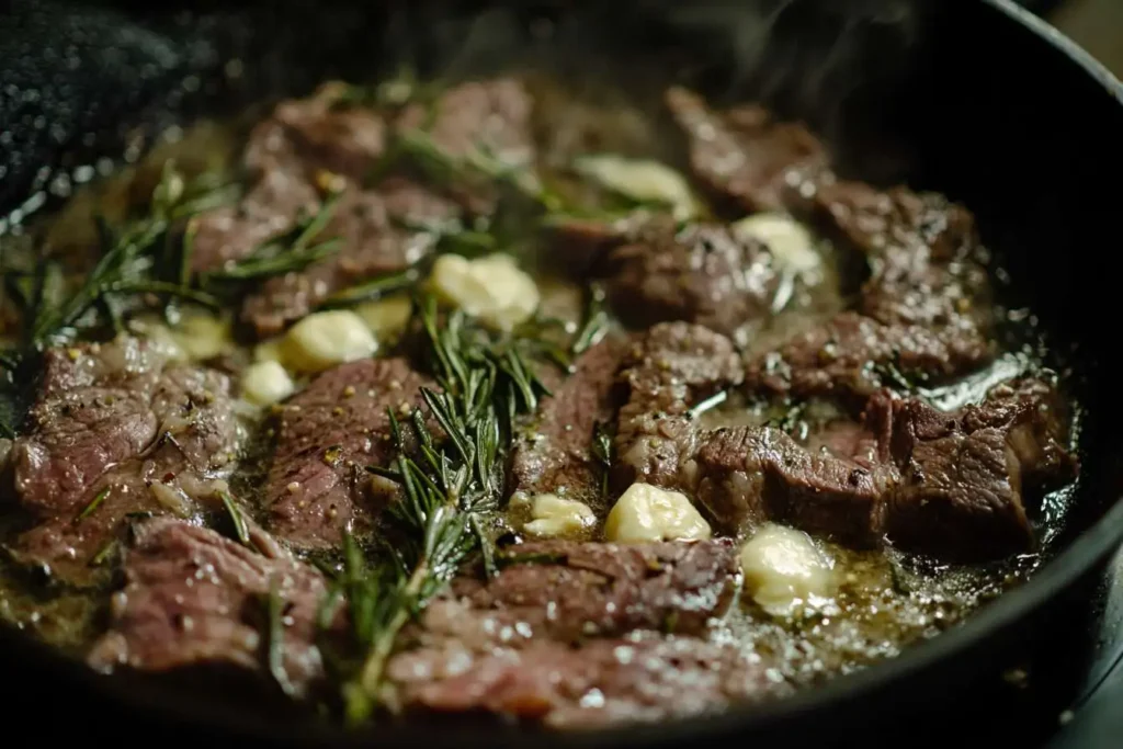 Beef tip tenderloin sizzling in a cast-iron pan with butter, garlic, and rosemary.