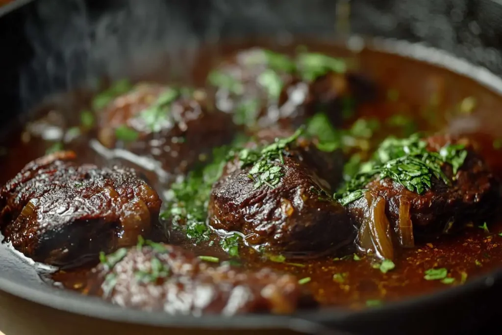 Searing beef cheeks in a cast iron pan for maximum flavor.