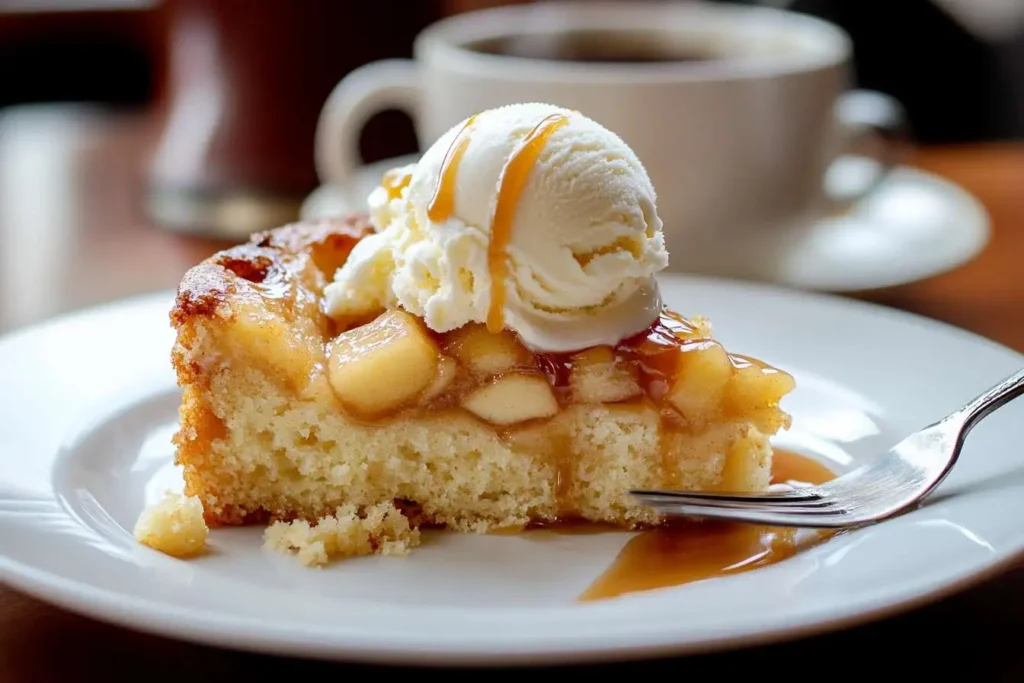 A warm slice of apple cobbler cake with vanilla ice cream and caramel drizzle.