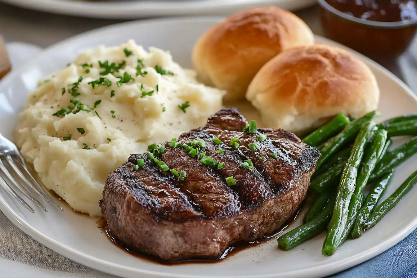 Tender cube steak with brown gravy over mashed potatoes on a rustic plate.