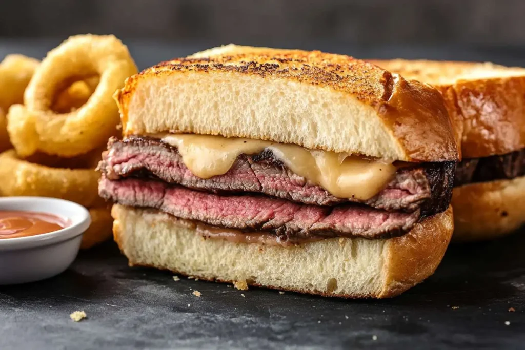  Shaved steak sandwich with melted cheese and onion rings.