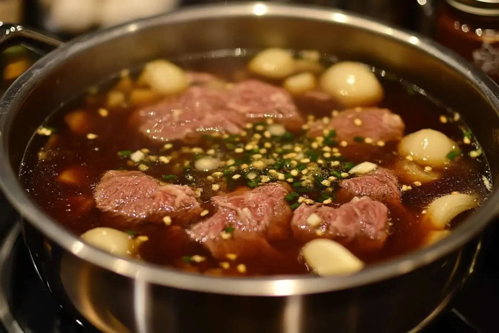 Simmering pot of beef broth with garlic, ginger, and onions for beef ramen.