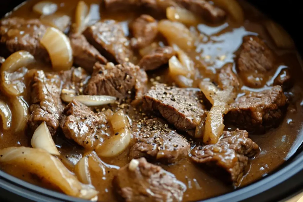 Cube steak cooking inside a crockpot with gravy and onions