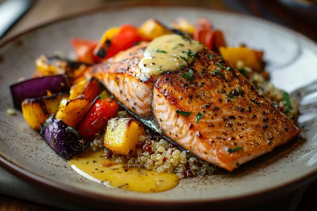 A plated steelhead trout fillet with roasted vegetables and quinoa, drizzled with lemon butter sauce.