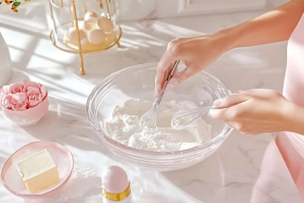 Baker preparing Rose Milk Cake batter in a bright kitchen