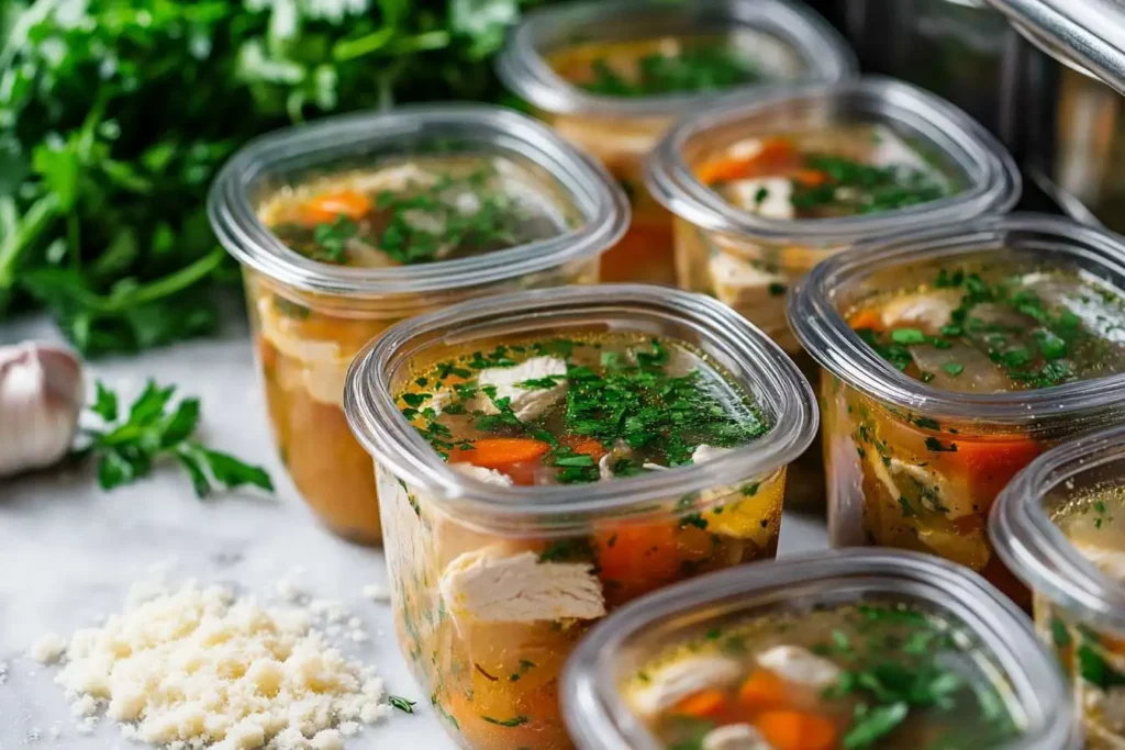 Meal prep containers with portions of Marry Me Chicken Soup stored in the fridge.