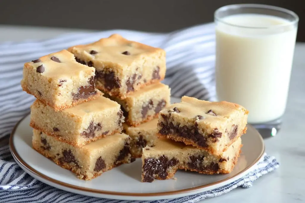 Stack of chewy chocolate chip cookie bars served with milk.