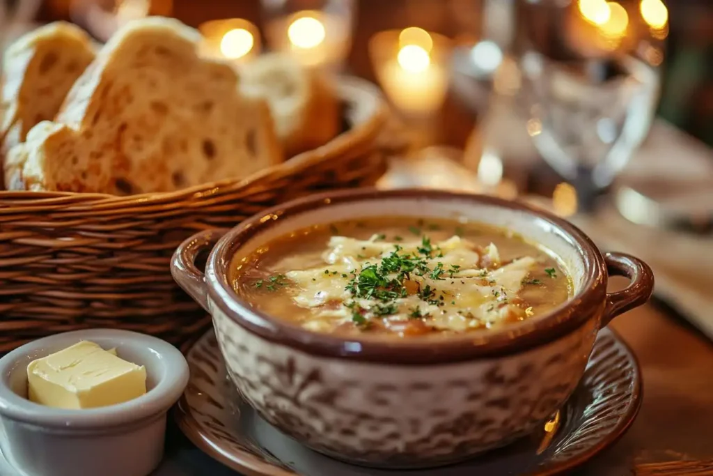 A bowl of Marry Me Chicken Soup served with a side of garlic bread.