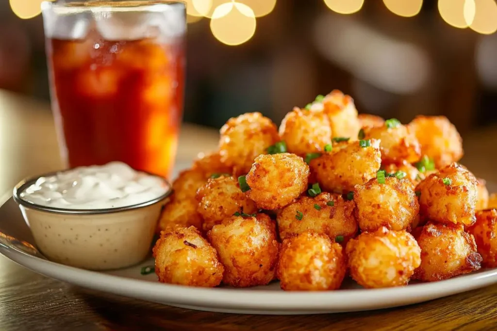 Loaded tater tots served with dipping sauce and iced tea