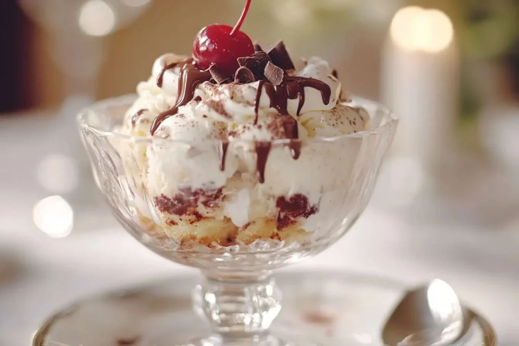 A birthday cake ice cream sundae with whipped cream, sprinkles, and a cherry on top.