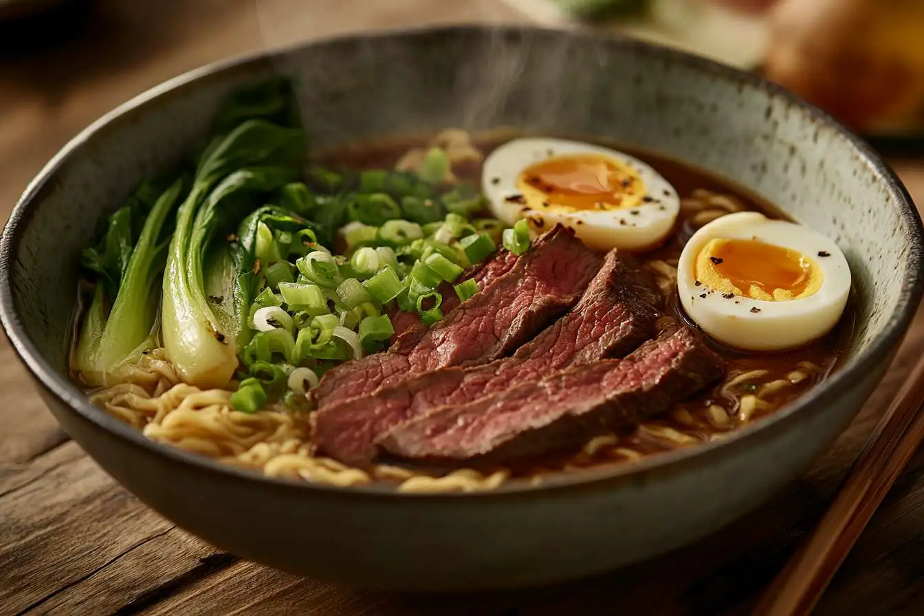 A delicious bowl of beef ramen with tender beef slices, rich broth, and fresh toppings.