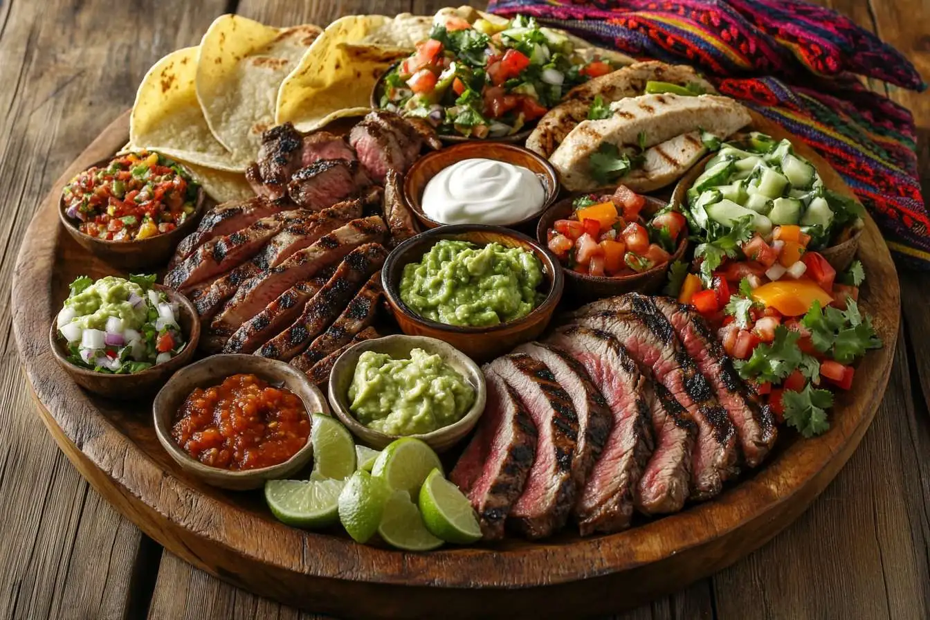 A platter of steak and chicken fajitas with grilled meat, sautéed vegetables, tortillas, and toppings.