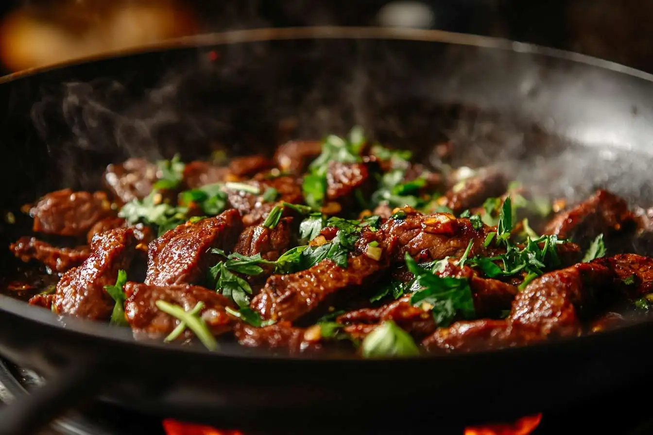 Juicy beef strips sizzling in a pan with fresh herbs.