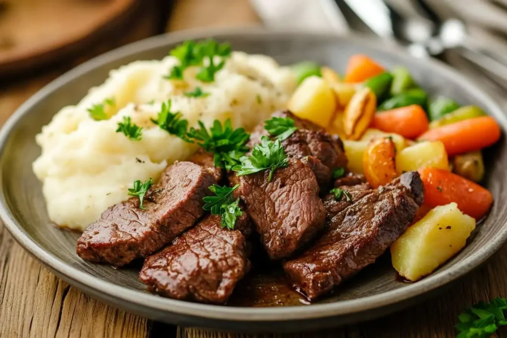 	Garlic butter beef strips served with mashed potatoes.