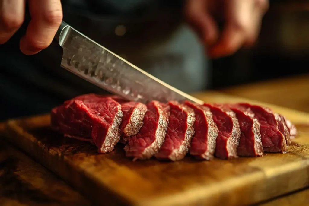 Chef slicing raw beef into thin strips on a wooden board.