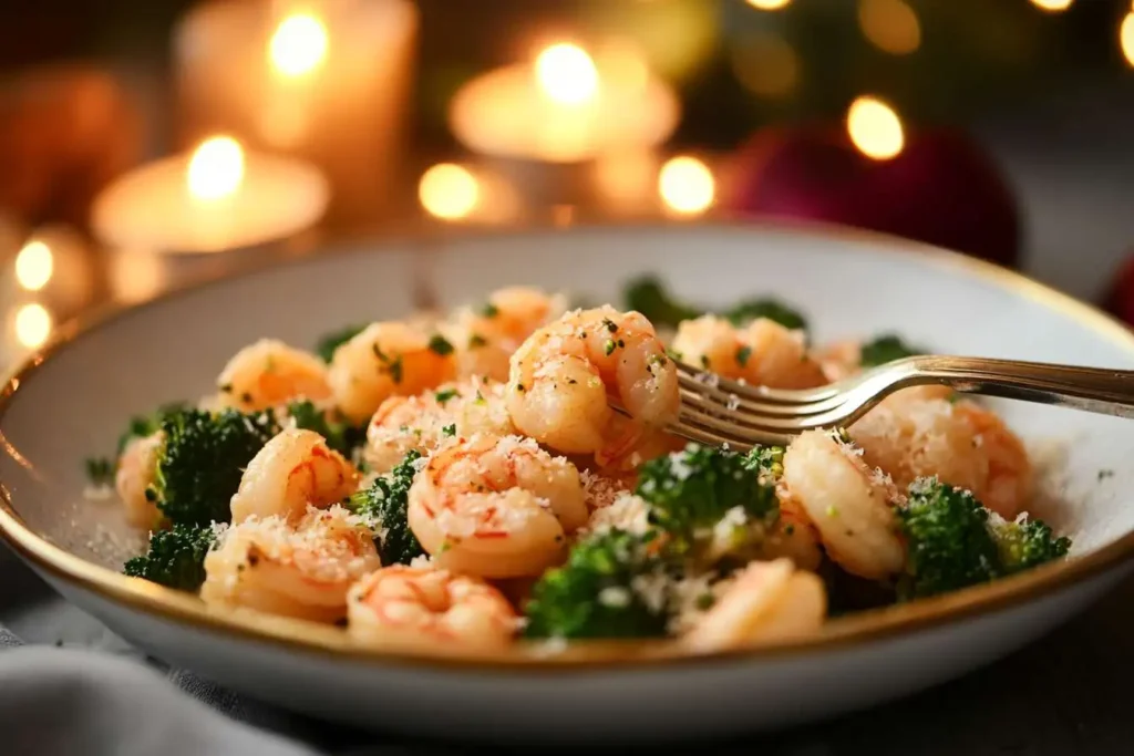 A bowl of steaming shrimp and broccoli pasta ready to be served.