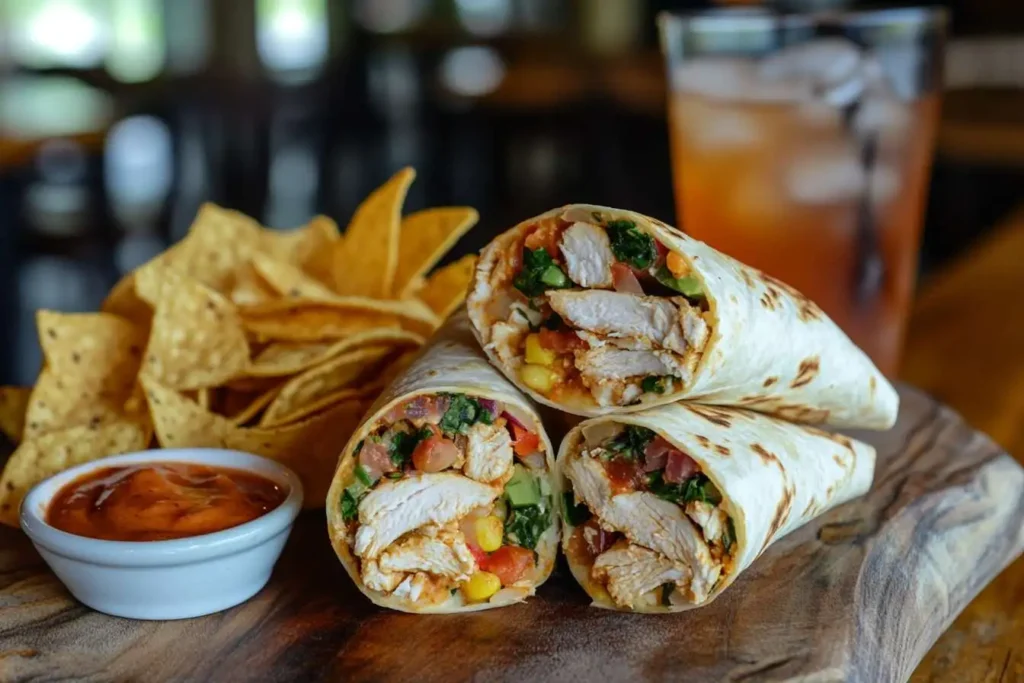 A stacked serving of Southwest Chicken Wraps with sides.