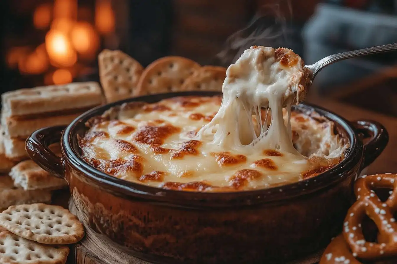 Creamy Reuben Dip in a bowl with melted Swiss cheese.