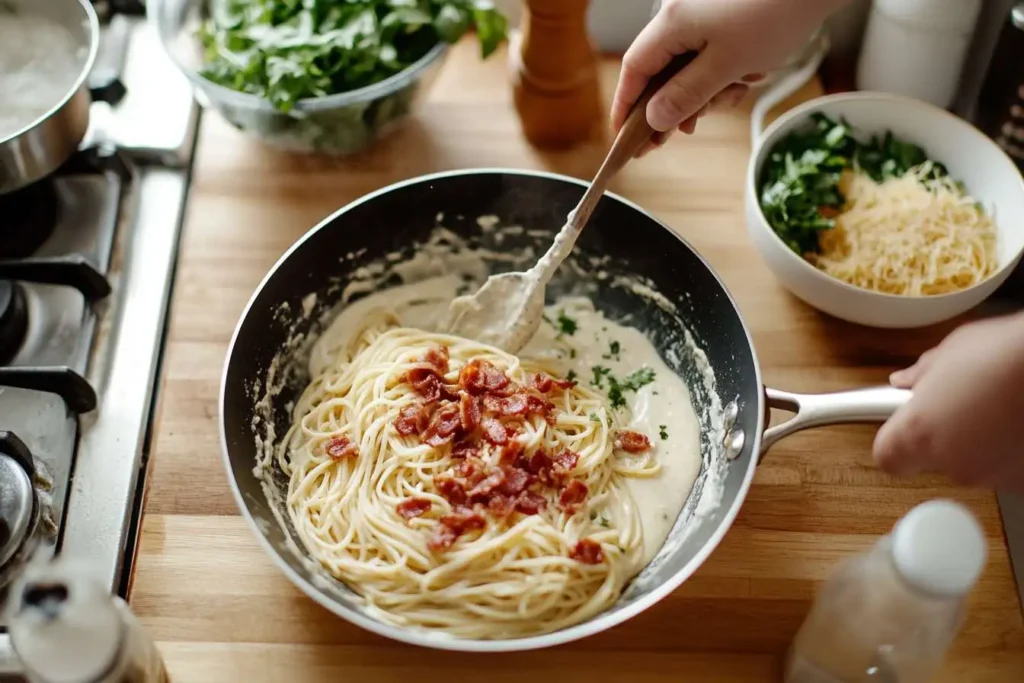 Step-by-step process of cooking creamy bacon spaghetti.