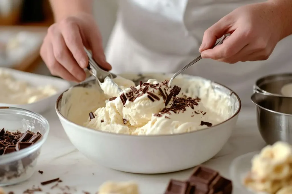 A step-by-step process of making homemade Boston Cream Pie ice cream in a kitchen.