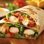 Close-up of a freshly made Southwest Chicken Wrap with toppings.