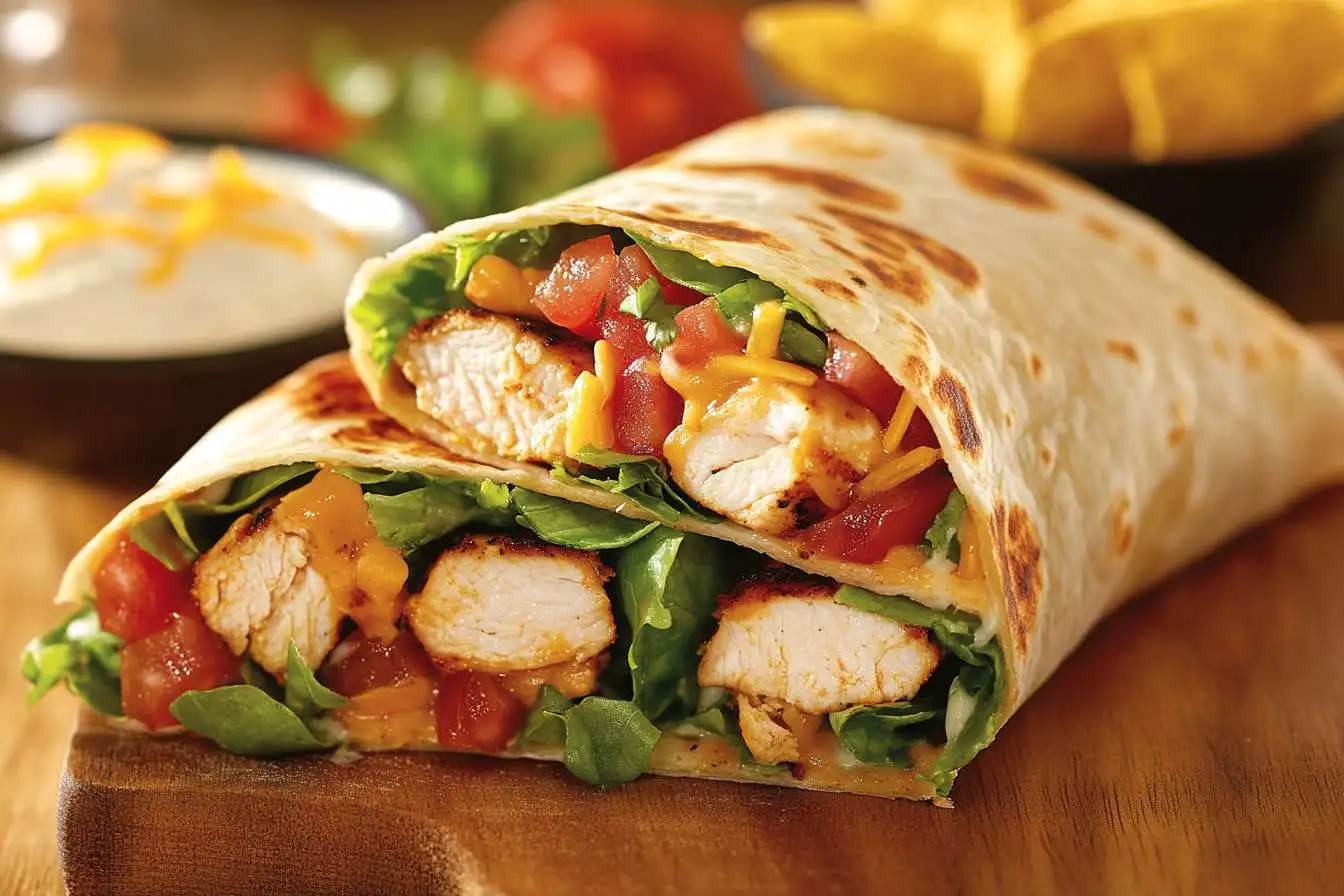 Close-up of a freshly made Southwest Chicken Wrap with toppings.