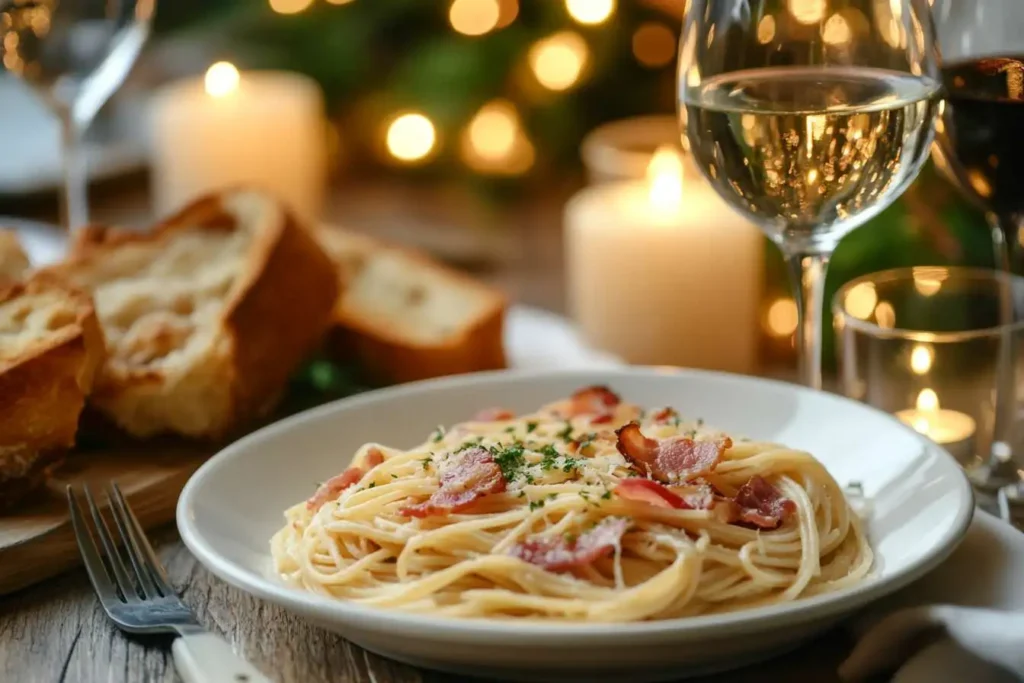 A cozy dining table with a plate of creamy bacon spaghetti.